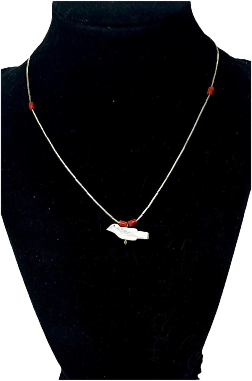 Vintage Native American Carved Fetish Bird Liquid Silver and Coral Bead Necklace